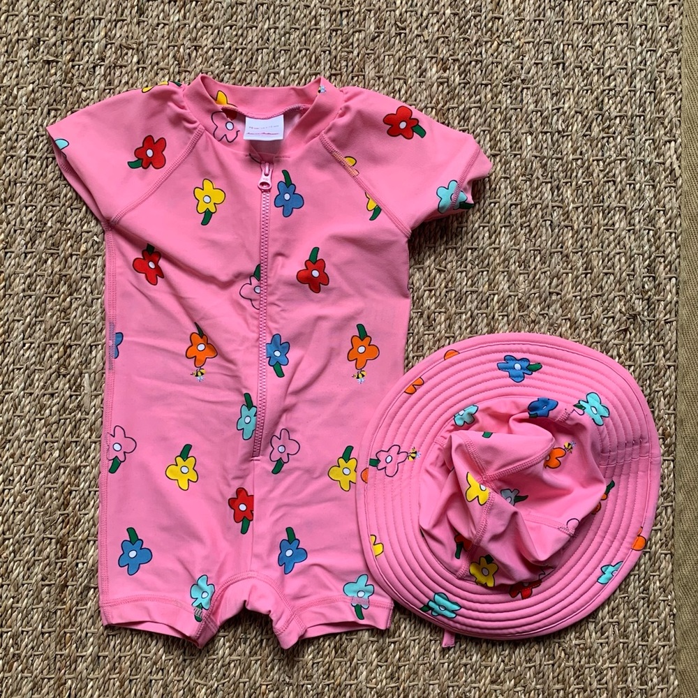 Hannah Andersson one-piece swim suit with hat
